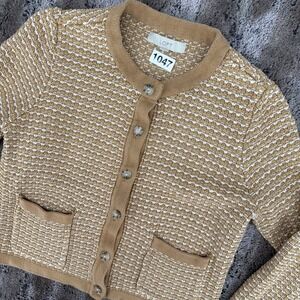 Loft Textured Sweater Cardigan Button Up Womens Size Large Brown White